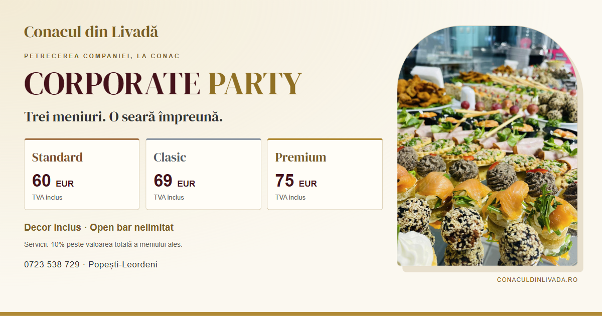 Oferta Corporate Party Conacul din Livadă: trei meniuri cu TVA inclus, decor și open bar.